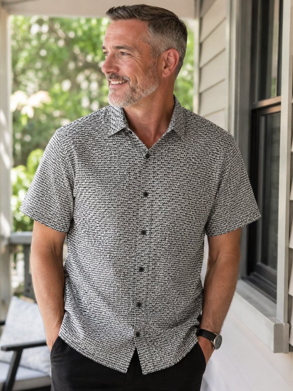 DKNY Men's Monochrome Patterned Button Down Shirt